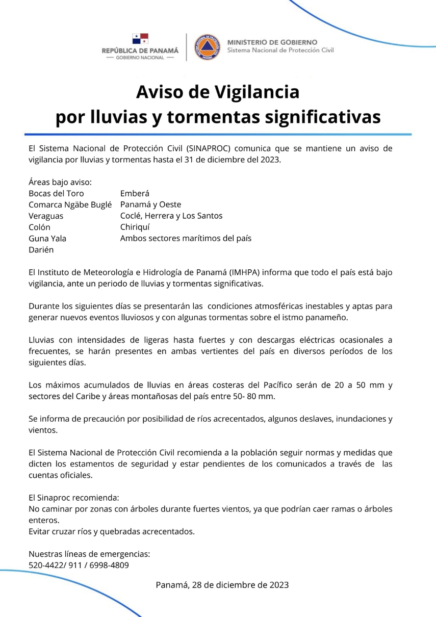 SINAPROC E IMHPA Emiten Aviso De Vigilancia Por Lluvias