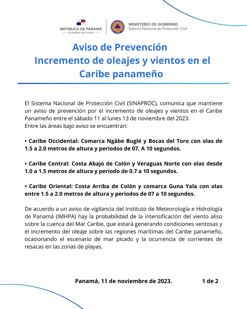 Advertencia SINAPROC emite aviso de prevención por oleajes