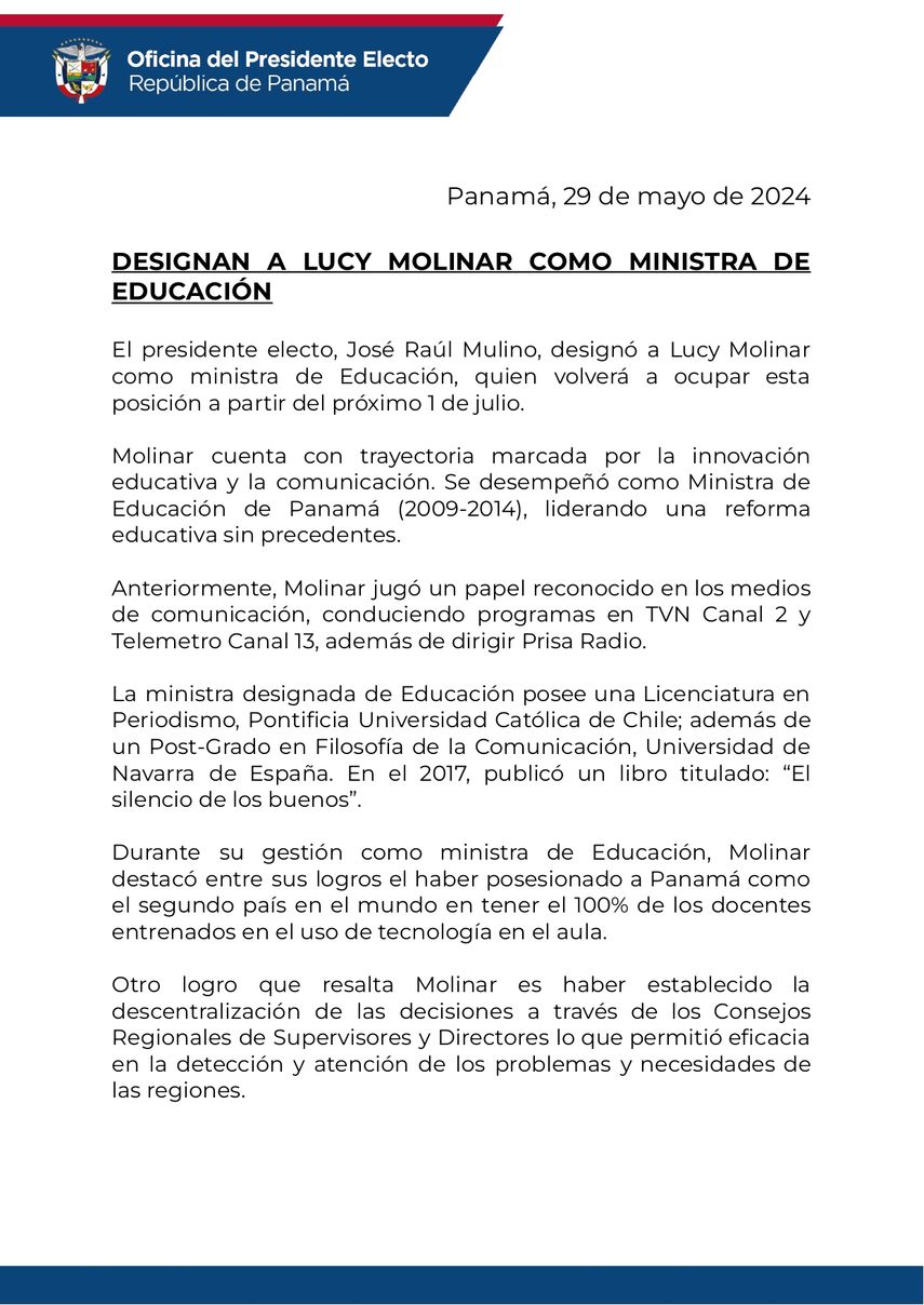 Lucy Molinar es designada como ministra de Educación