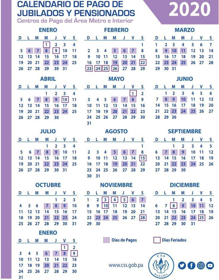 Calendario 2020 - Centros de pago del área Metropolitana y en interior del país