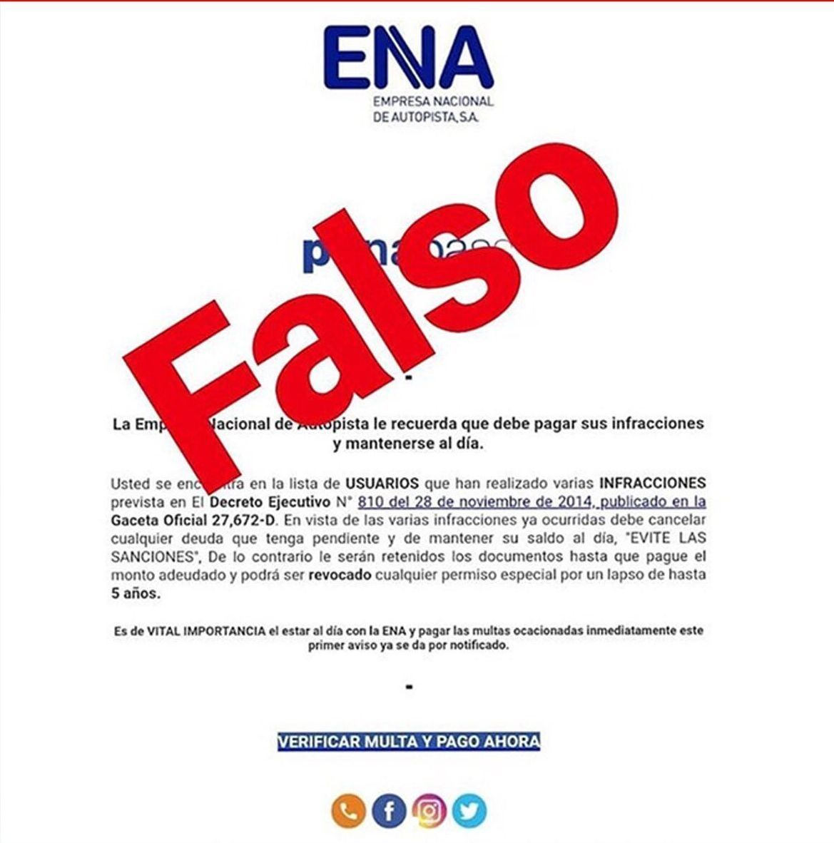 Circula correo falso sobre ENA Circula correo falso sobre ENA