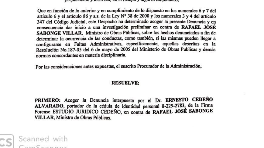 Escrito donde el procurador de la Administración acoge denuncia contra el ministro Sabonge Escrito donde el procurador de la Administración acoge denuncia contra el ministro Sabonge