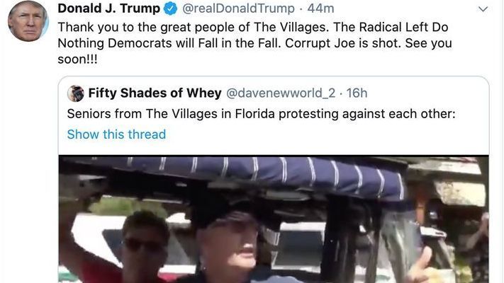 Gracias a la gran gente de The Villages, tuiteó Trump sobre la filmación Gracias a la gran gente de The Villages, tuiteó Trump sobre la filmación