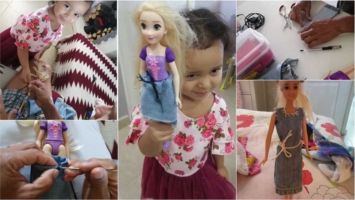 Hacer vestidos para las muñecas de hijas, actividad que fomenta familiar