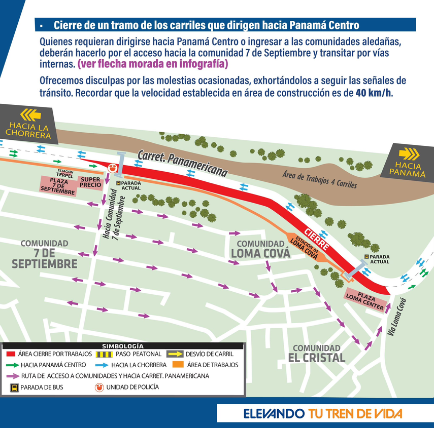 Flecha morada de la infografía fija las vías adecuadas para ir a Panamá Centro.