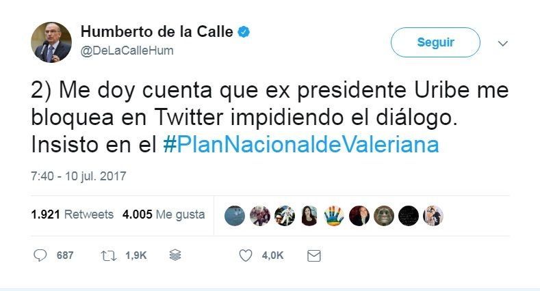 Uribe bloquea en Twitter a exjefe negociador del Gobierno colombiano con FARC