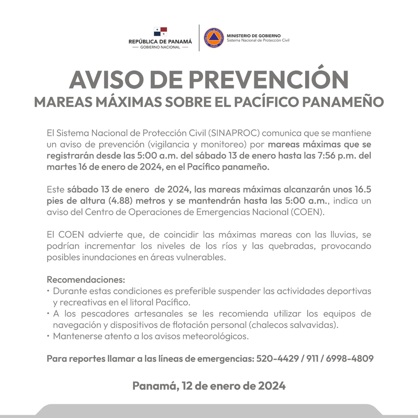 ¡Atentos! SINAPROC emite aviso de vigilancia por mareas máximas en el Pacífico ¡Atentos! SINAPROC emite aviso de vigilancia por mareas máximas en el Pacífico