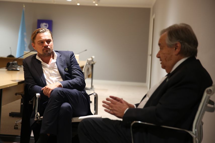 Leonardo DiCaprio en la COP26 junto a António Guterres