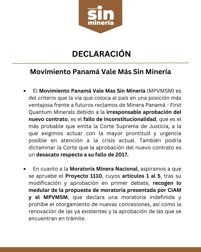 Comunicado de Movimiento Panamá Vale Más Sin Minería Comunicado de Movimiento Panamá Vale Más Sin Minería 