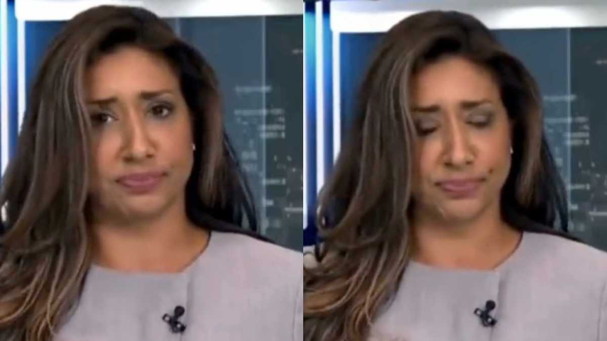 Momento en que la conductora de televisión se traga la mosca