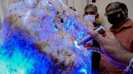 La gente inspecciona el corindón natural (zafiro azul) llamado Reina de Asia, considerado el más grande encontrado en el mundo, en Horana, a unos 45 km de Colombo el 12 de diciembre de 2021.