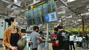 Un miembro del personal verifica los boletos digitales de los pasajeros antes de permitirles registrarse para el auto check-in en la sala de salidas del Aeropuerto Internacional de Changi en Singapur.