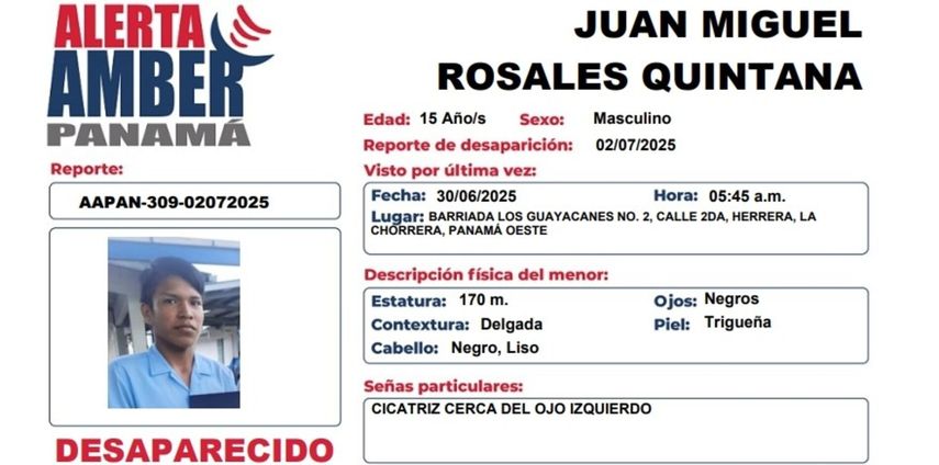 Activan Alerta Amber por desaparición de un menor de 15 años en Panamá Oeste