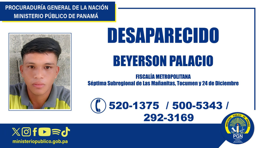 Ministerio Público investiga desaparición de Beyerson Palacios.