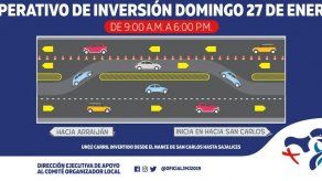 Inversión de carriles hacia el interior del país hasta las 6:00 p.m este domingo Inversión de carriles hacia el interior del país hasta las 6:00 p.m este domingo