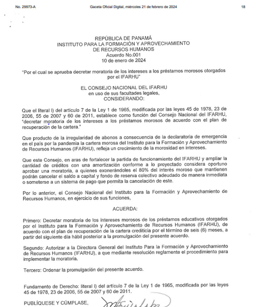 IFARHU, préstamos educativos: Decretan moratoria de intereses morosos IFARHU, préstamos educativos: Decretan moratoria de intereses morosos