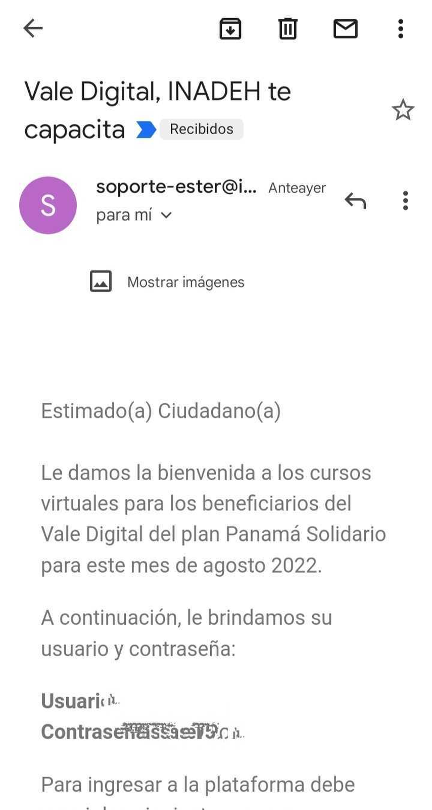 Gráfica del correo del INADEH que informa al beneficiario del Vale Digital su habilitación del curso