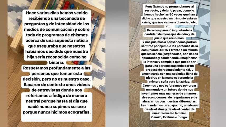 Mensaje publicado por Camilo refiriéndose a los chismes sobre que educarían a Índigo como una persona no binaria.