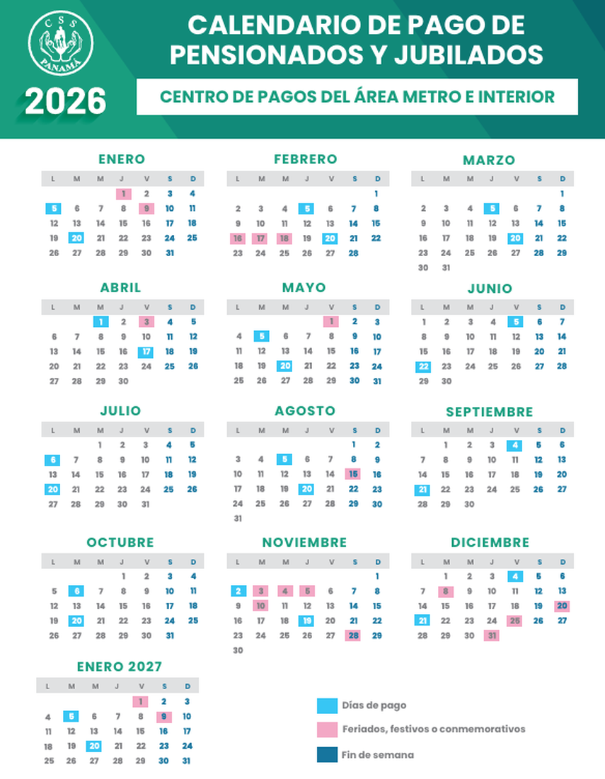 Calendario de pago por cheque a jubilados y pensionados.