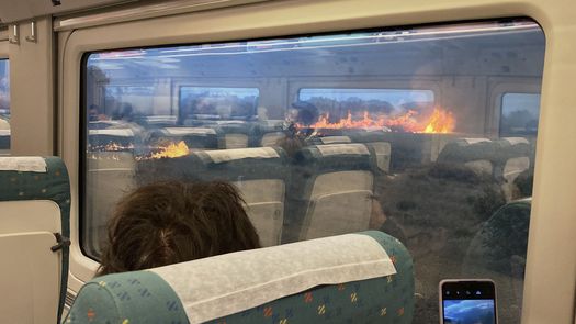 El fuego lamía la vegetación y el humo oscurecía el cielo azul debido al incendio.
