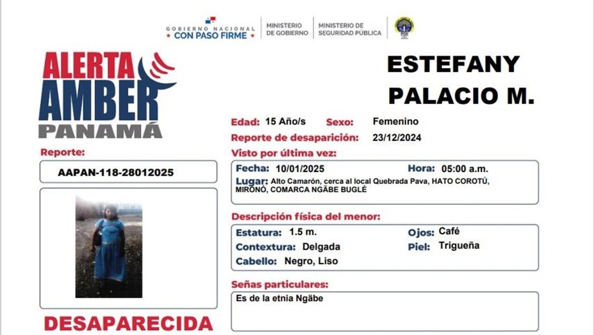 Activan Alerta Amber por desaparición de una menor en la Comarca Ngäbe Buglé