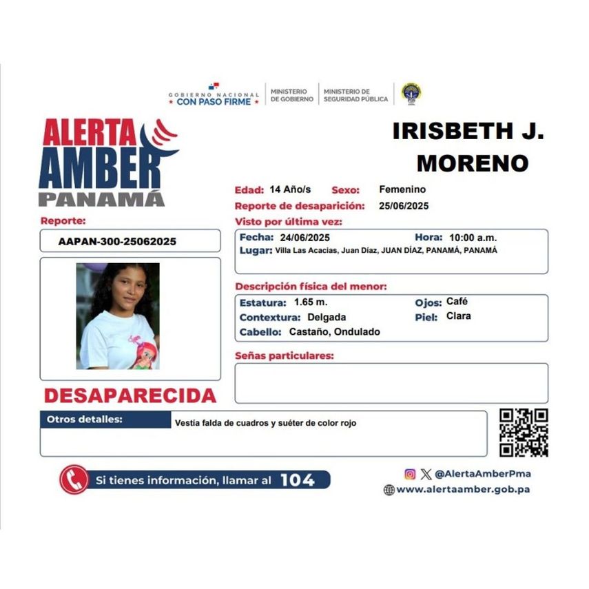 Alerta Amber por desaparición de Irisbeth J. Moreno.
