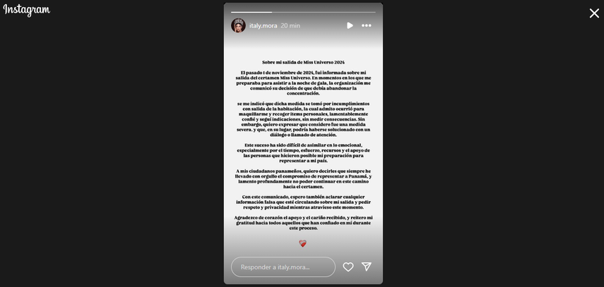 Comunicado de Italy Mora tras su salida del Miss Universo. Comunicado de Italy Mora tras su salida del Miss Universo.
