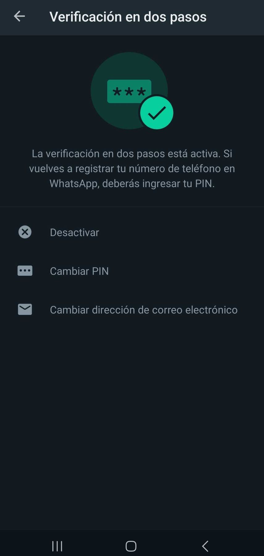 Final de la verificación en dos pasos.