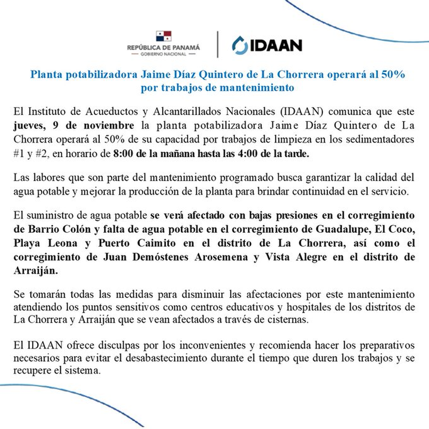 Corregimientos se verán afectados con suministro irregular de agua Corregimientos se verán afectados con suministro irregular de agua