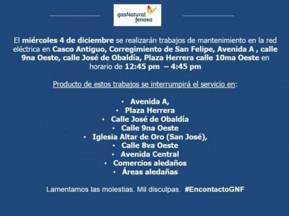 Servicio eléctrico se afectará en áreas de San Felipe este miércoles