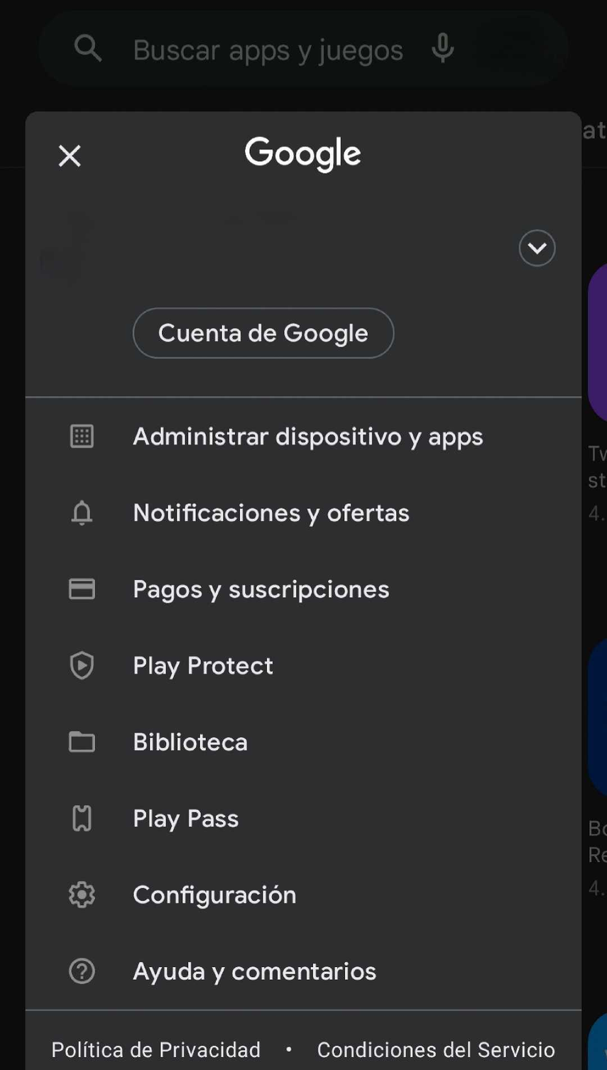 Cuenta de Google al acceder a Play Store.