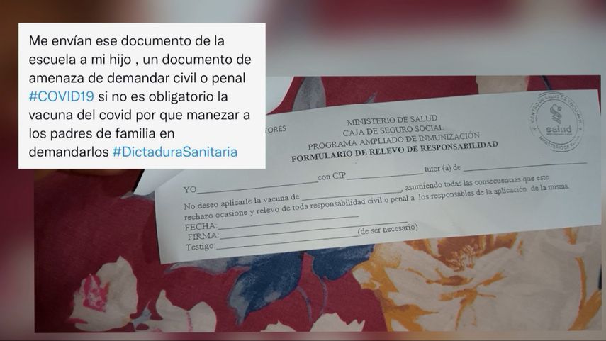 A través de las redes sociales se ha filtrado un documento que supuestamente busca eximir de responsabilidad a quienes colocan la vacuna en los centros escolares.