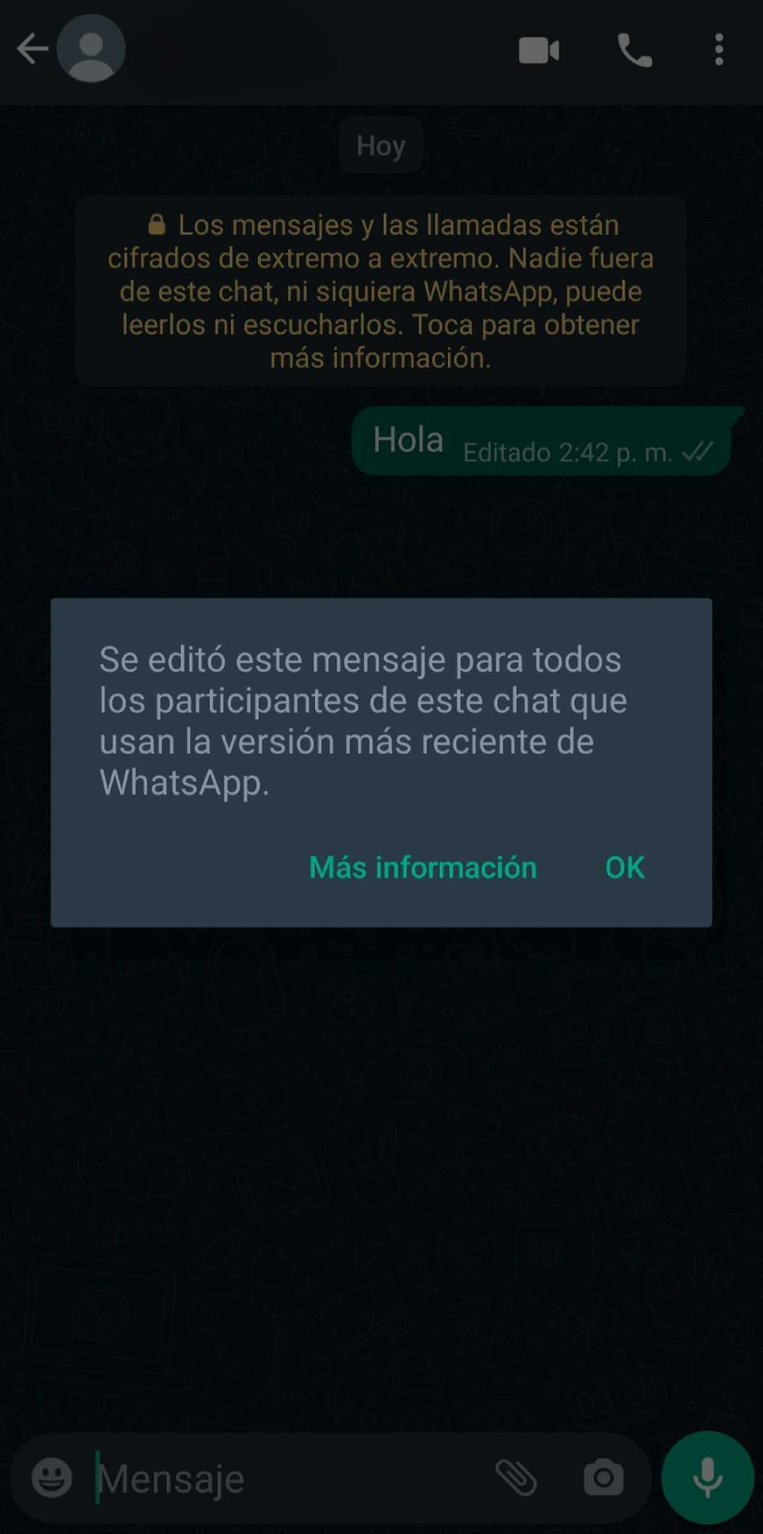 Aviso de WhatsApp al editar un mensaje.