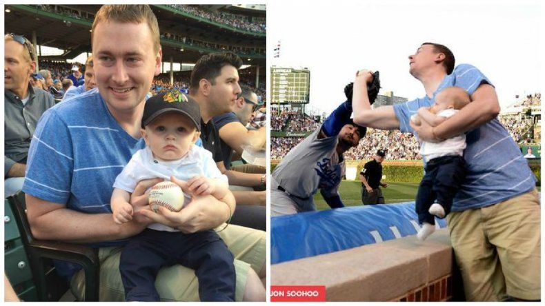 Fanático realiza gran atrapada, cargando a bebé