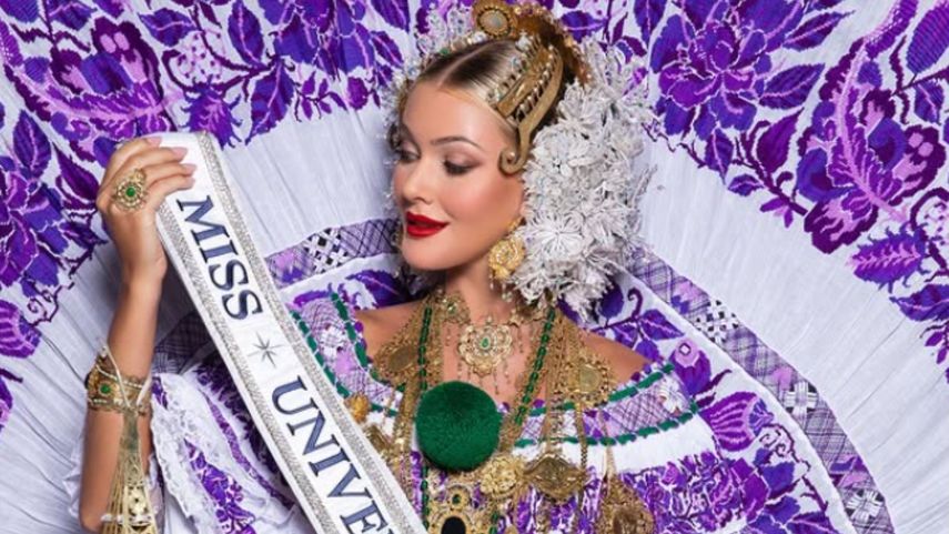 Miss Universo Victoria Kjaer se engalana con la pollera.