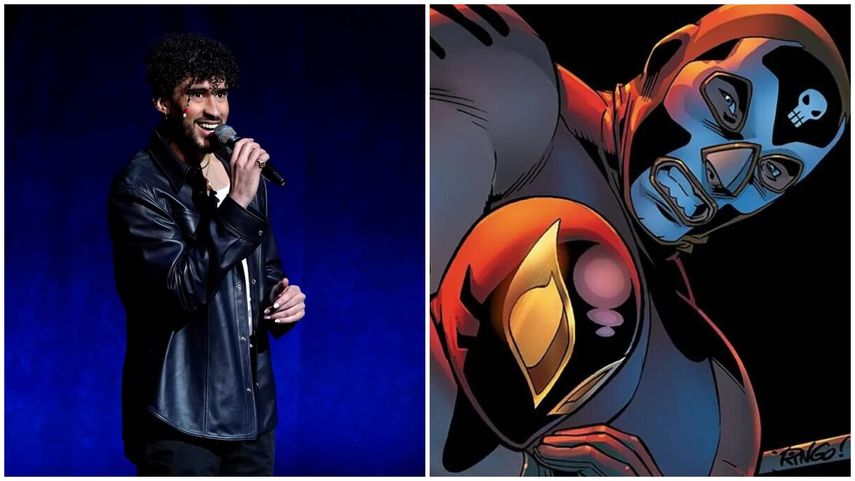 Composición de fotos de Bad Bunny y el personaje El Muerto.