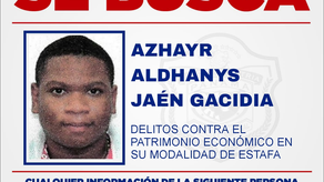 Policía Nacional solicita apoyo para encontrar a Azhayr Jaén sospechoso de estafa. Policía Nacional solicita apoyo para encontrar a Azhayr Jaén sospechoso de estafa.