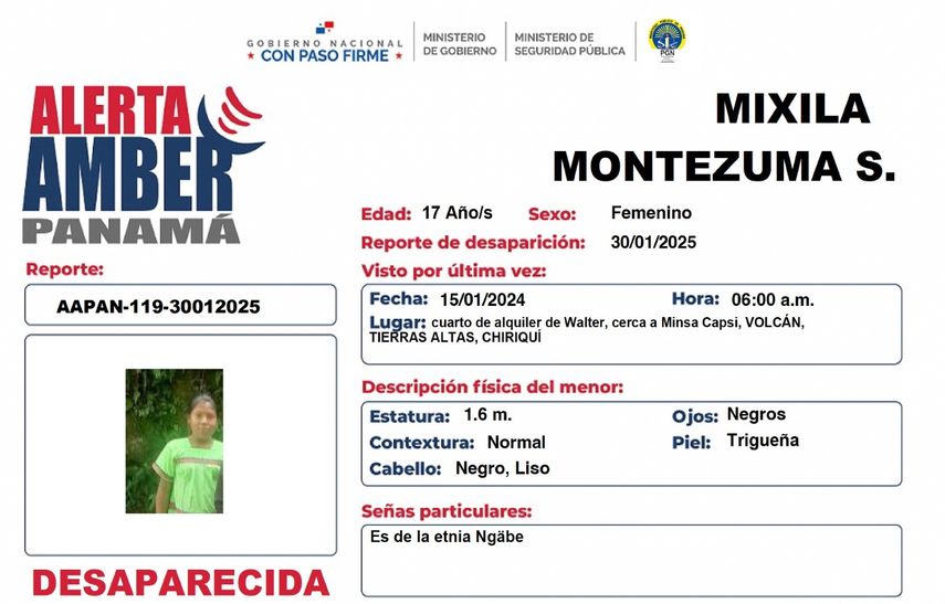 Activan Alerta Amber por desaparición de una menor en la provincia de Chiriquí