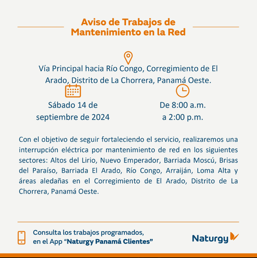 ¡Alerta Panamá Oeste! Naturgy dejará sin luz este sábado 13 a comunidades durante 6 horas ¡Alerta Panamá Oeste! Naturgy dejará sin luz este sábado 13 a comunidades durante 6 horas