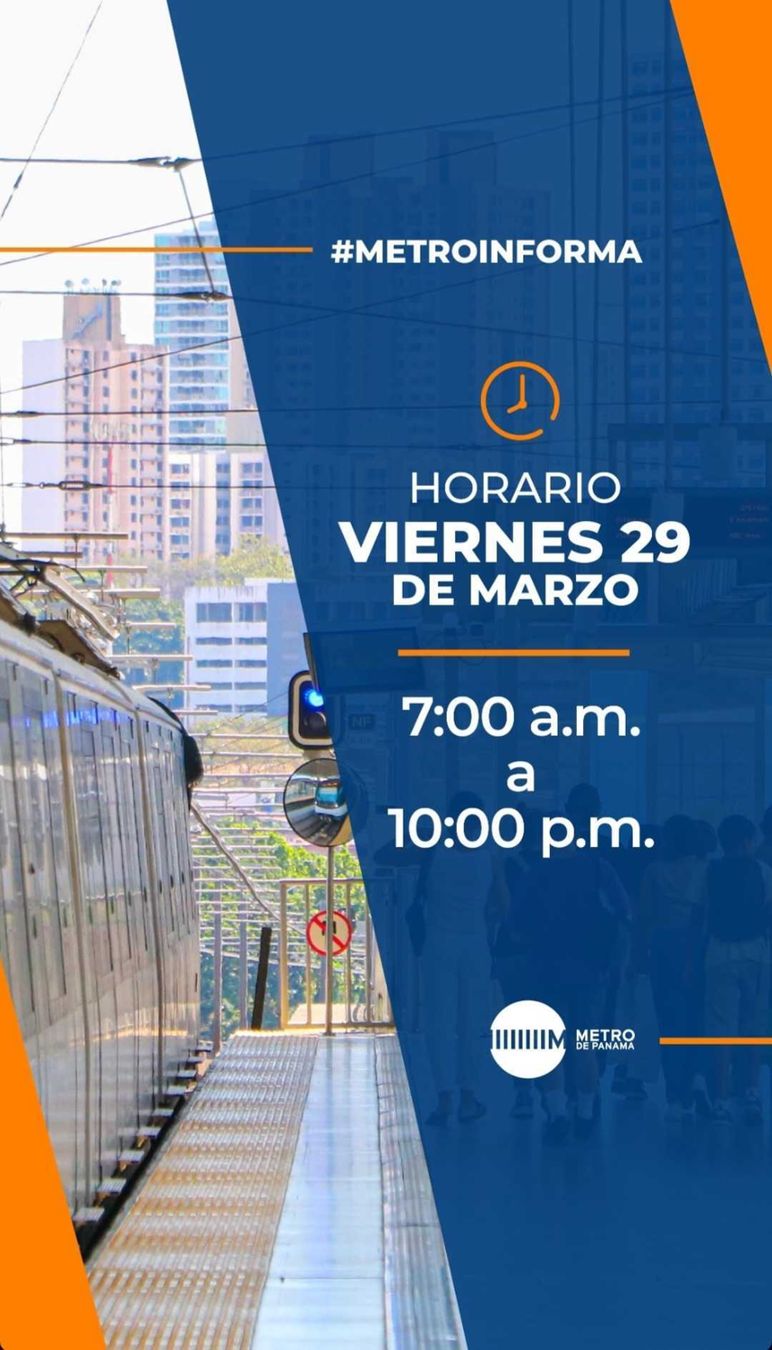 Horario de operatividad del Metro de Panamá para el Viernes Santo. Horario de operatividad del Metro de Panamá para el Viernes Santo.