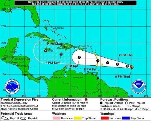 La quinta depresión tropical sigue en ruta hacia las Antillas