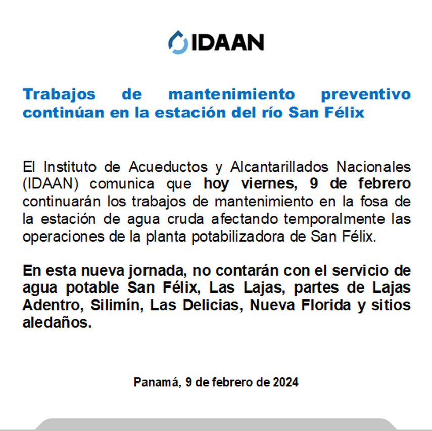 IDAAN continúa trabajos de mantenimiento en planta de San Félix IDAAN continúa trabajos de mantenimiento en planta de San Félix