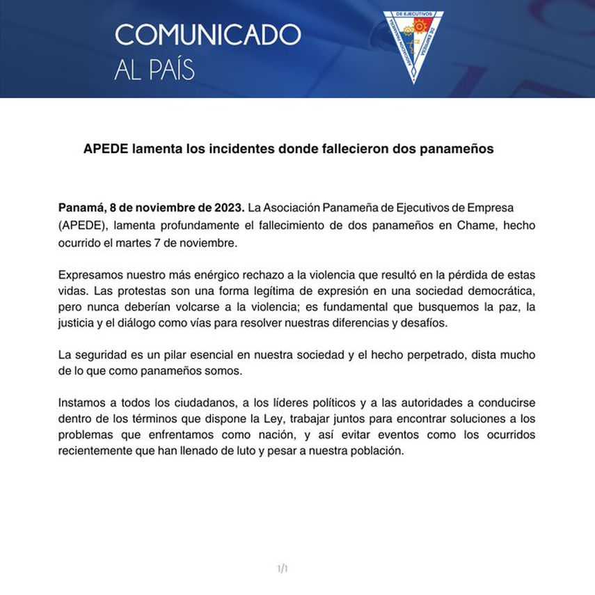  APEDE lamenta incidente donde fallecen dos personas en protestas APEDE lamenta incidente donde fallecen dos personas en protestas