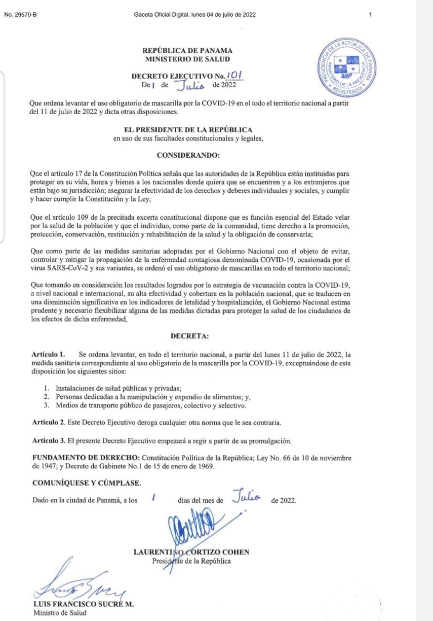 Publicación en Gaceta Oficial del decreto que establece la eliminación del uso de mascarilla en espacios cerrados en todo el país