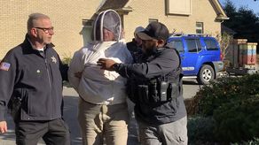 La mujer se puso un traje de apicultor para protegerse.