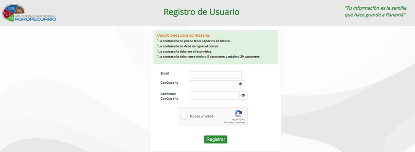 Página de registro de usuarios del VIII Censo Nacional Agropecuario. Página de registro de usuarios del VIII Censo Nacional Agropecuario. 
