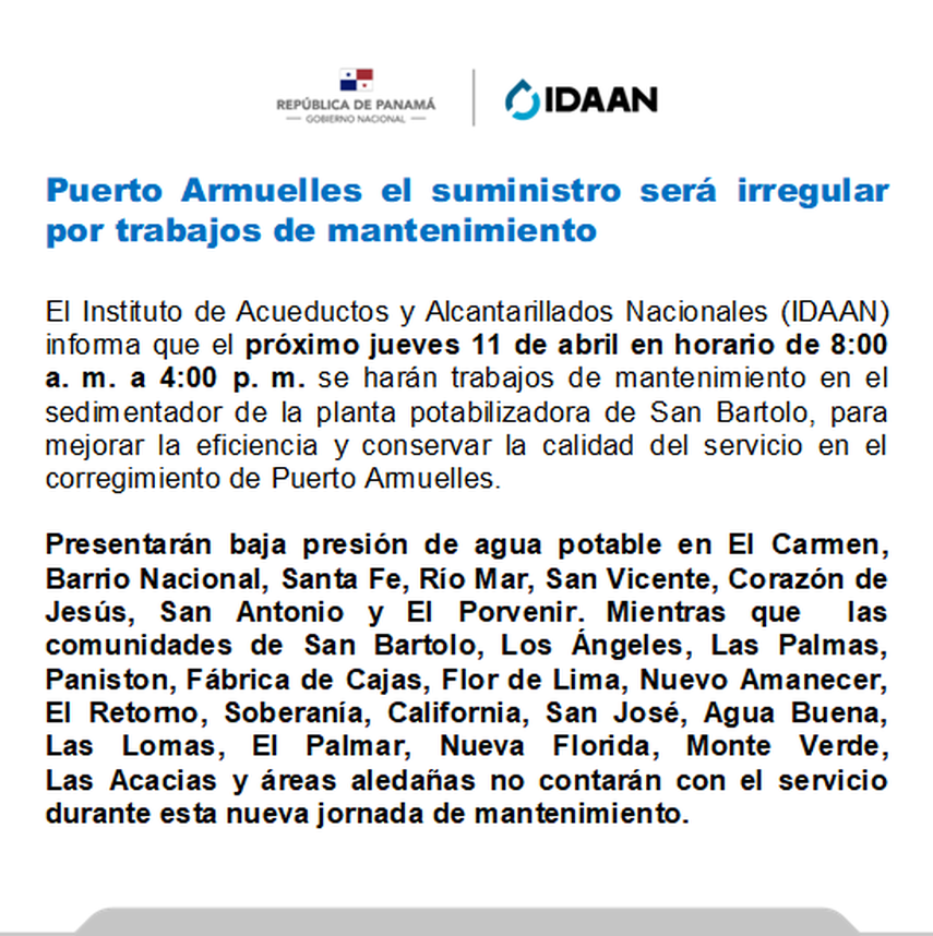 Lugares que presentarán baja presión de agua potable por los trabajos del IDAAN: Lugares que presentarán baja presión de agua potable por los trabajos del IDAAN: 