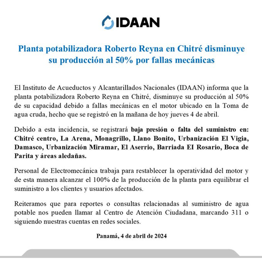 IDAAN anuncia sobre fallas en la planta potabilizadora Roberto Reyna IDAAN anuncia sobre fallas en la planta potabilizadora Roberto Reyna