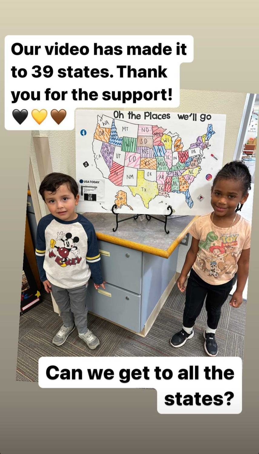 Texto traducido: "Nuestro video ha sido visto por 39 estados. Gracias por el apoyo. ¿Podemos llegar a todos los estados?