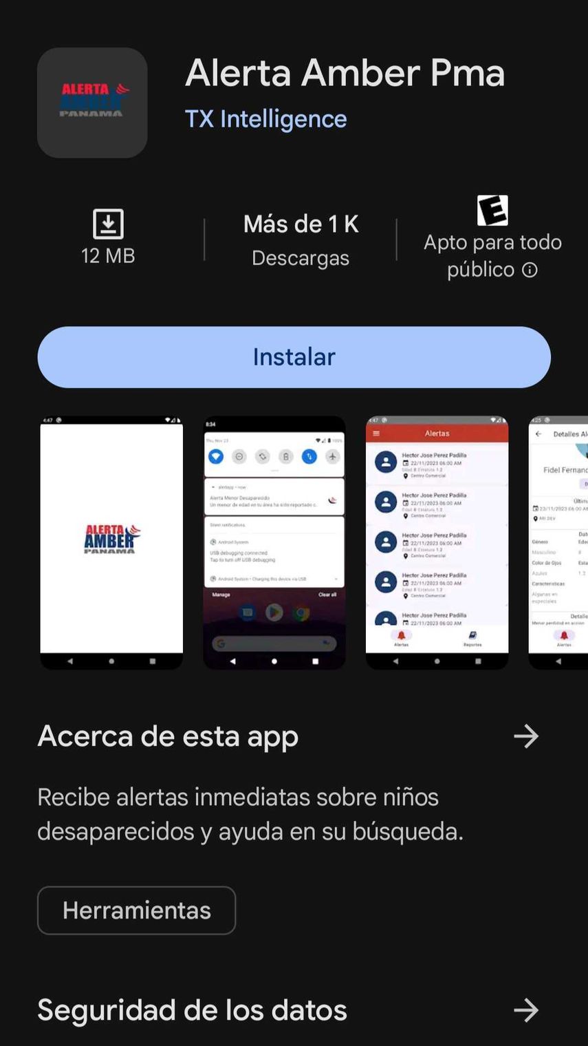 Captura de pantalla de la aplicación de la Alerta Amber desde Play Store. Captura de pantalla de la aplicación de la Alerta Amber desde Play Store.